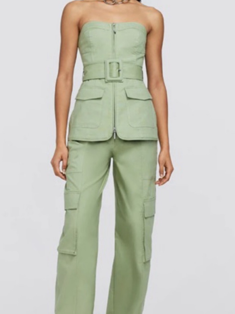 Strapless Belted Cargo Jumpsuit in Sage Green